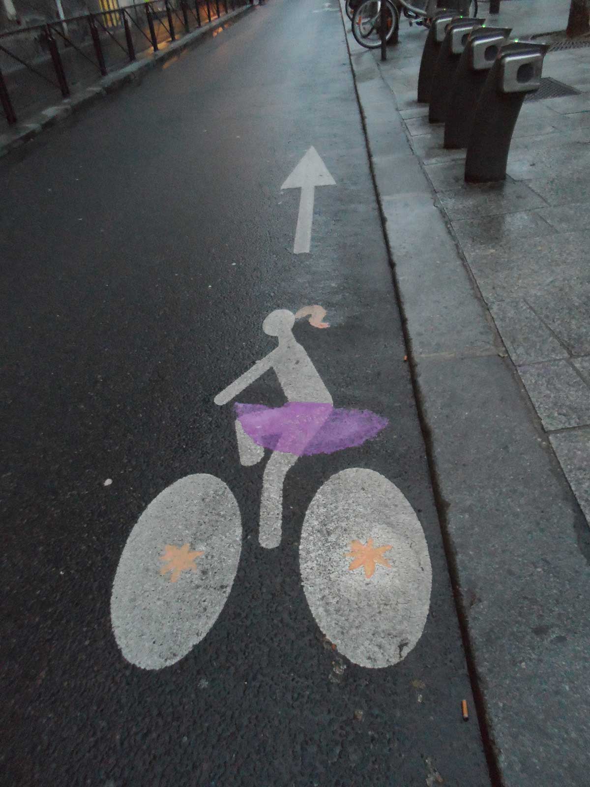 The picture shows a road that is designated as a bicycle street with a symbol of a woman on a bicycle. The cyclist is wearing a pink tutu-skirt